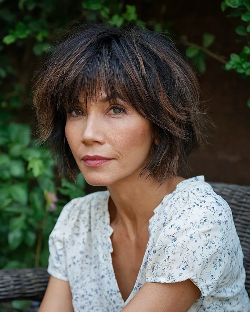 Textured short bob with fringe bangs for fine hair and added dimension