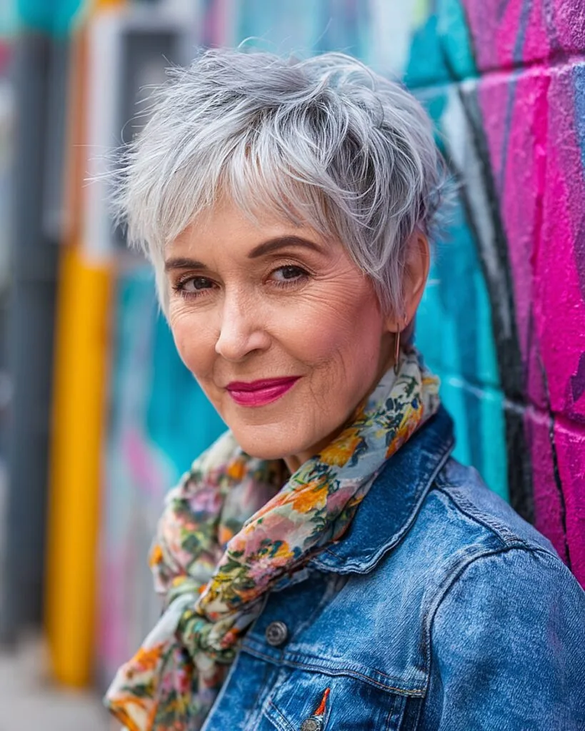 Textured short grey pixie cut with choppy layers for bold women over 60