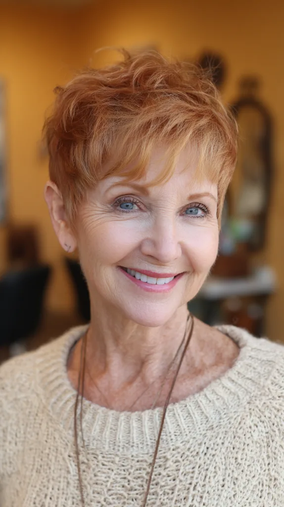 Textured Short Pixie Cut with Warm Auburn Highlights