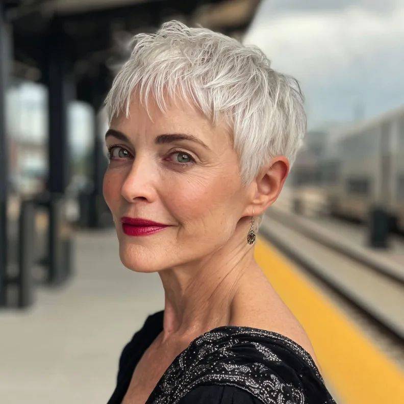 Textured Short Silver Pixie Cut with Subtle Layers