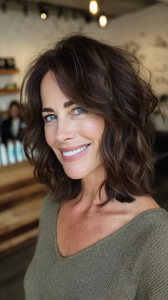 Textured Shoulder-Length Layered Lob with Face-Framing Curtain Layers