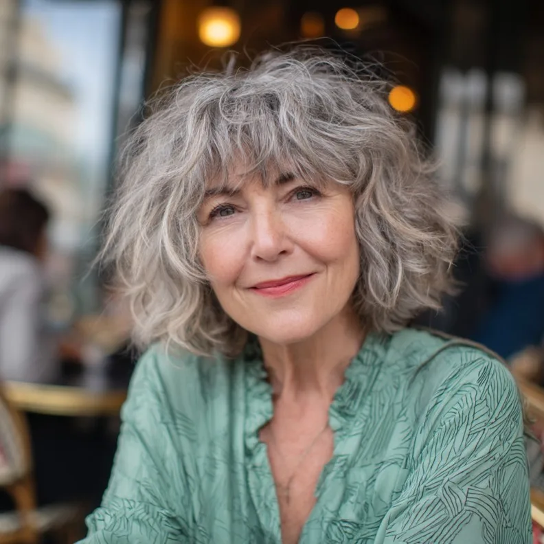 Textured Silver Curly Cut with Brow-Skimming Bangs