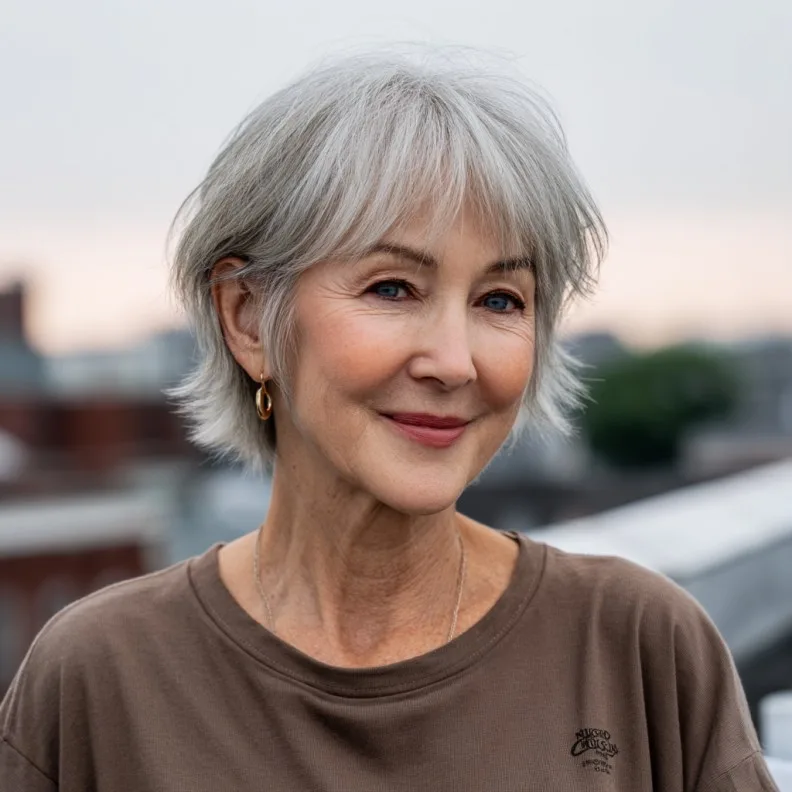 Textured Silver Pixie Cut with Brow-Skimming Bangs