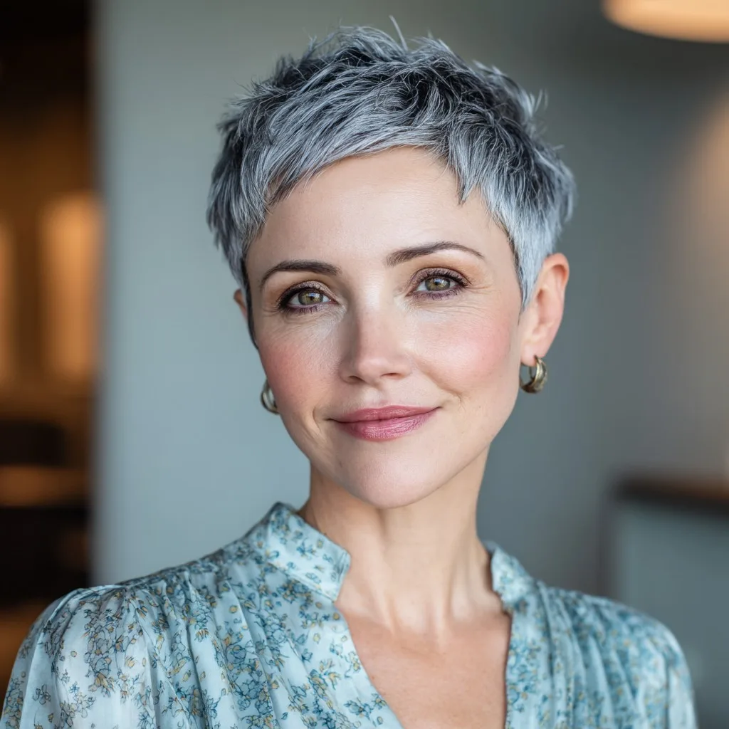 Textured Silver Pixie with Chic Layers