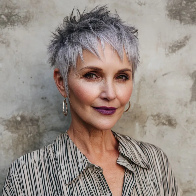 Textured Silver Pixie with Edgy Layers