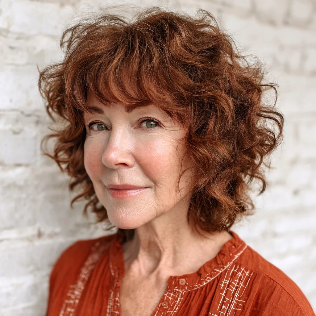 Textured Warm Brown Curly Cut with Soft Bangs