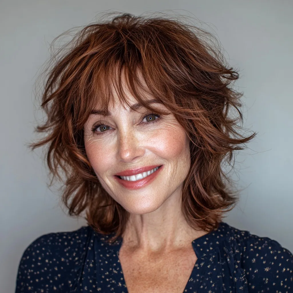 Textured Warm Brown Shag with Face-Framing Layers