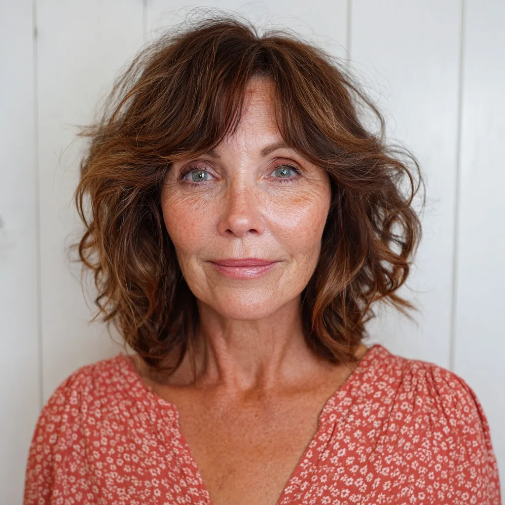 Textured Warm Brown Waves with Face-Framing Layers