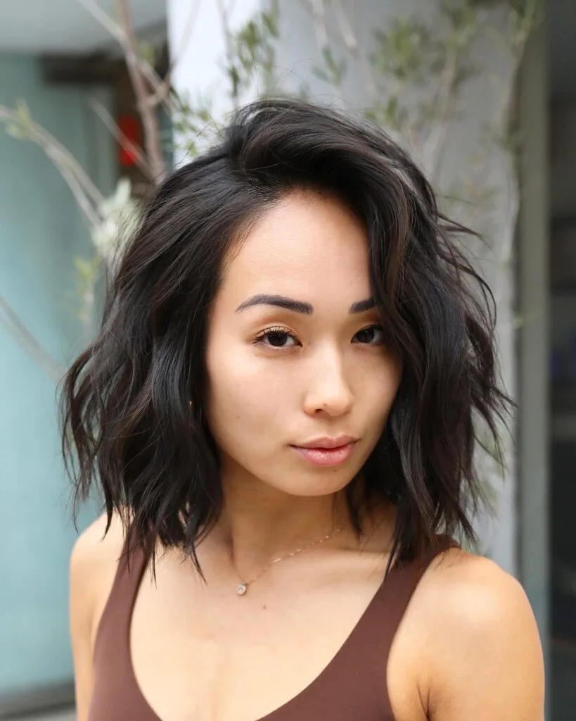 Textured Wavy Mid-Length Bob with Side Part