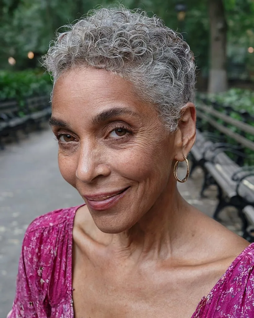 Tightly coiled grey pixie with natural texture for older Black women