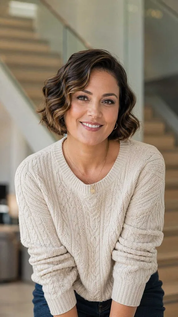 Tousled Brunette Bob with Warm Caramel Ends