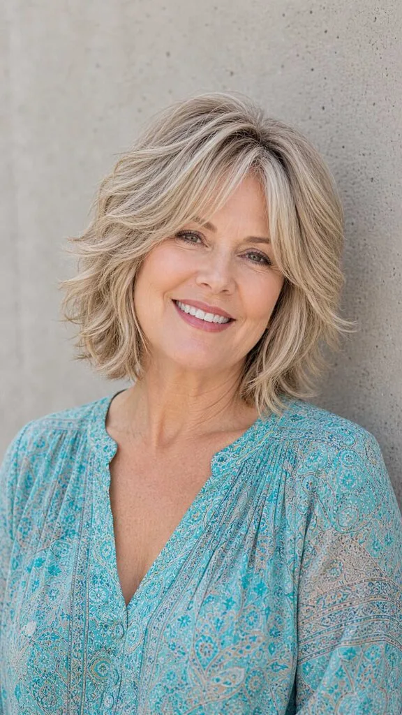 Tousled chin-length blonde shag with beachy texture