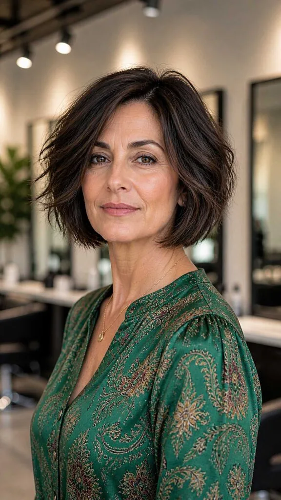 Tousled dark brown textured bob in a salon