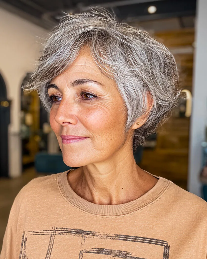 Tousled gray pixie bob with soft layers for a woman in her 60s