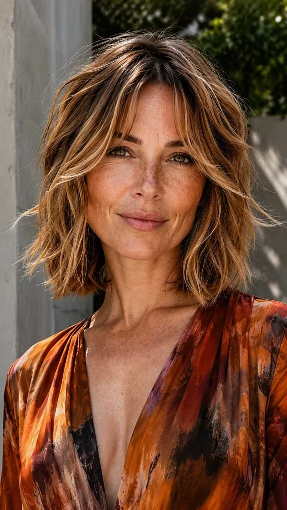Tousled Layered Bob with Warm Blonde Highlights