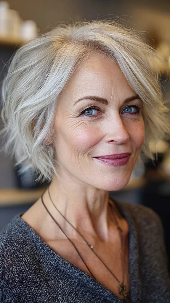 Tousled silver blonde layered bob with side-swept pieces