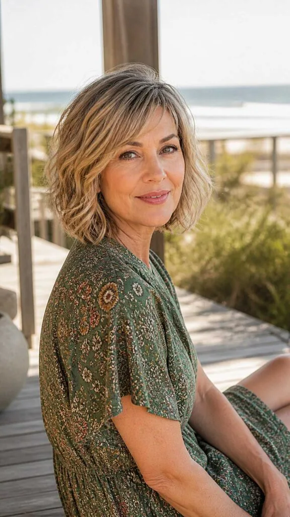 Tousled wavy blonde bob with darker roots