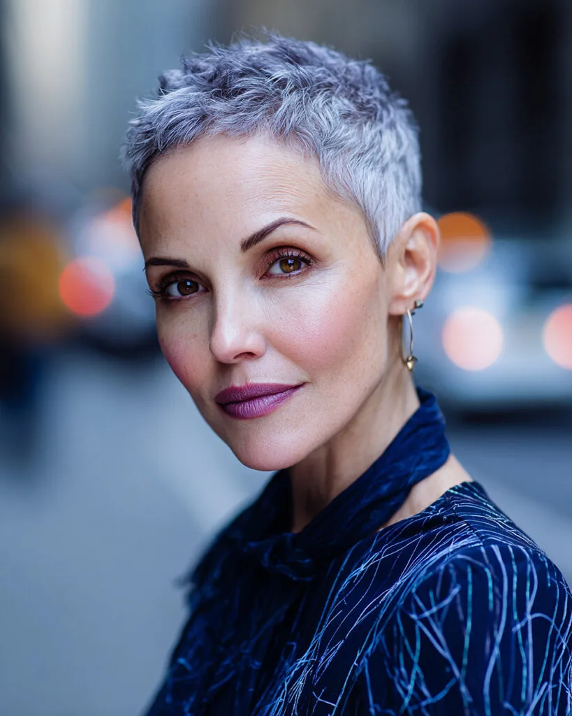 Ultra short gray buzz cut with soft texture for women over 50