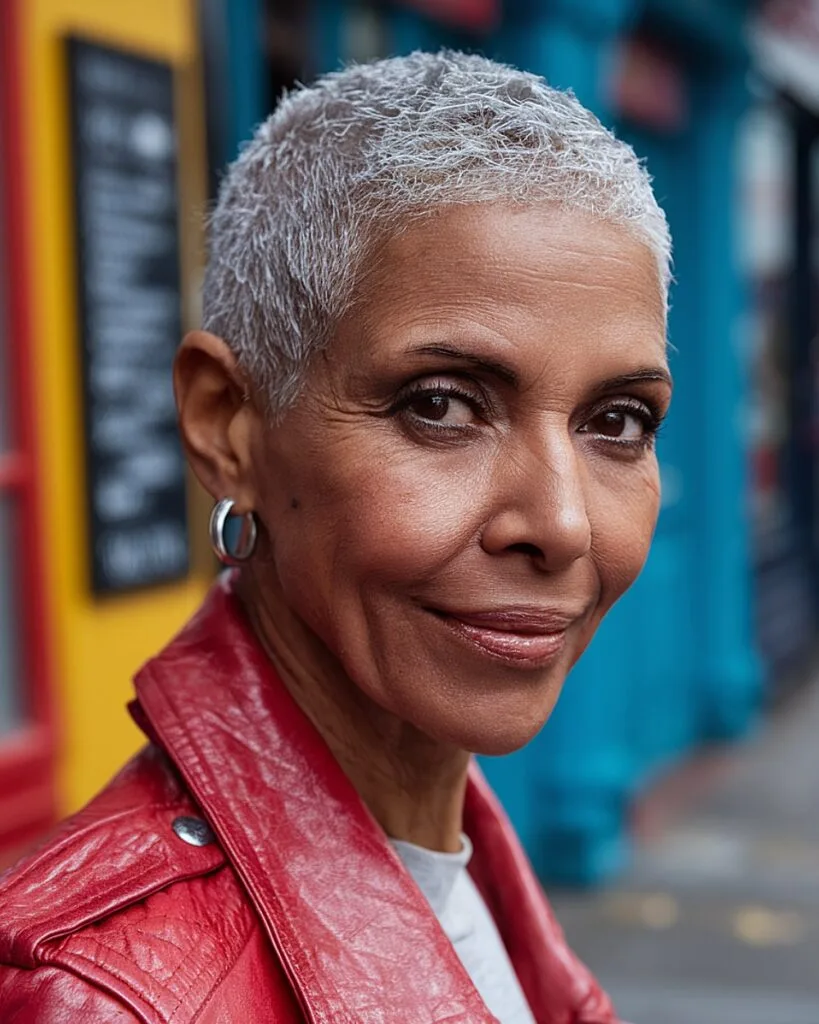 Ultra-short white-grey buzz cut for women over 60 with bold style