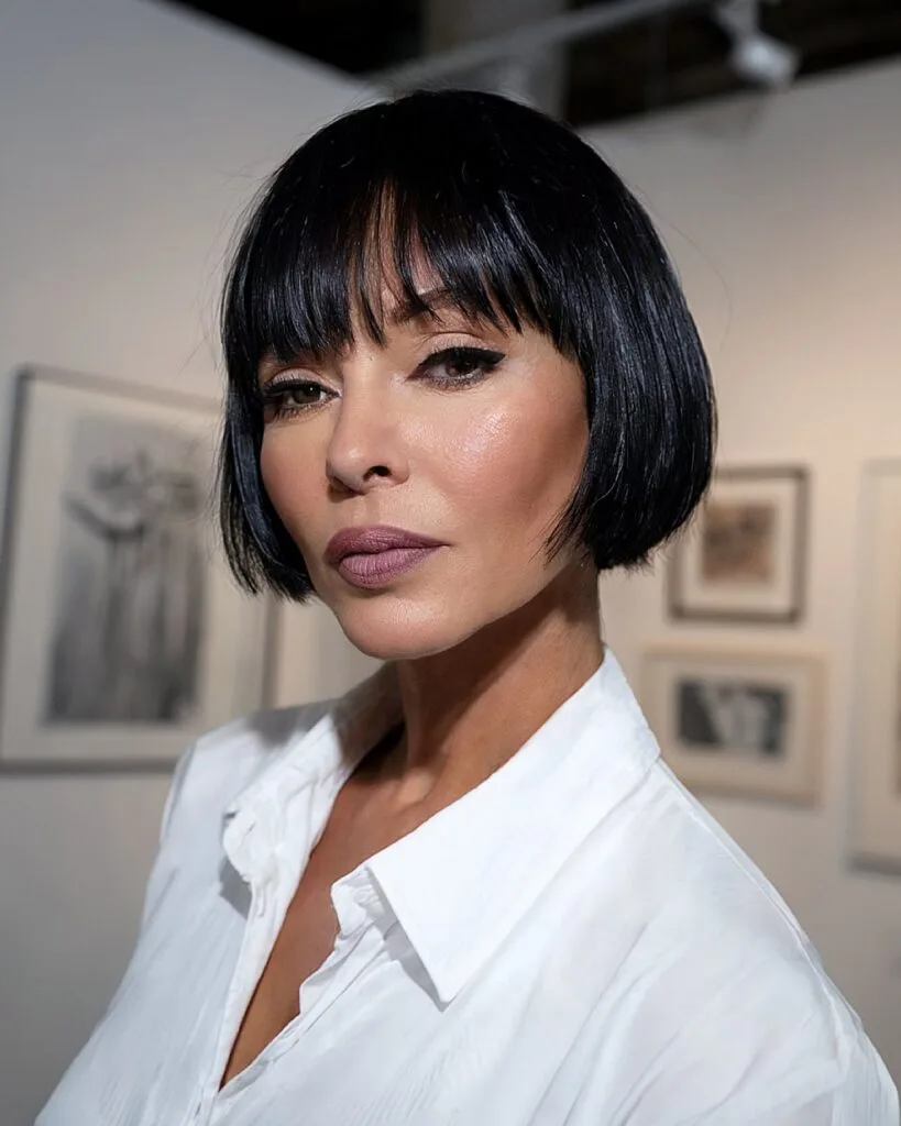 Very short black bob with blunt bangs for edgy, chic style on straight hair