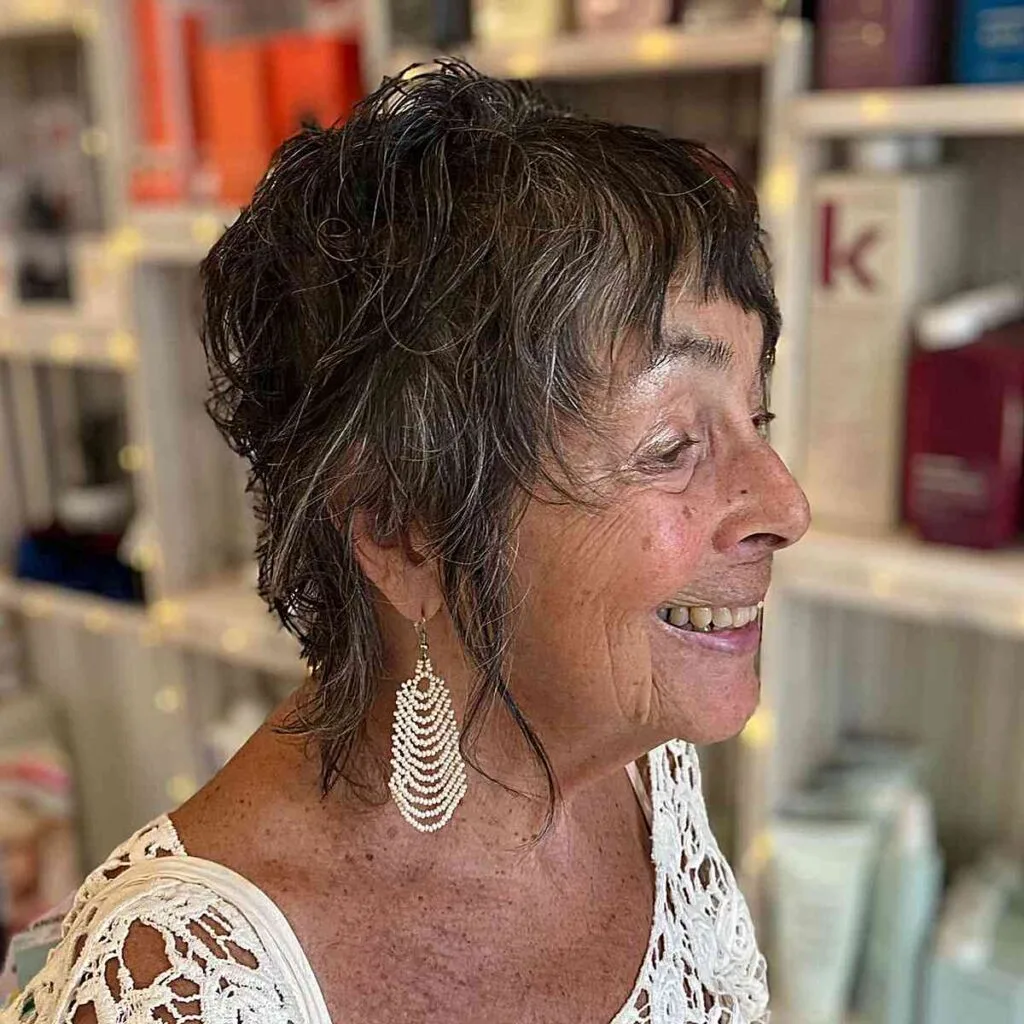 Very Short Textured Wispy Mullet Shag with Fringe on 60-year-old Ladies