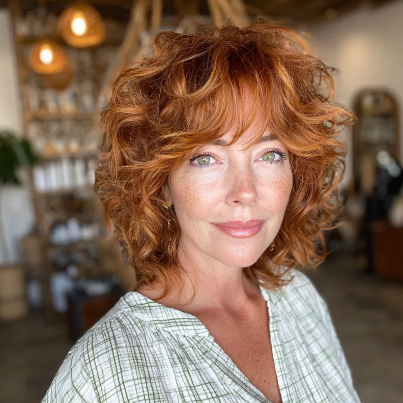 Vibrant Curly Layered Shag with Face-Framing Bangs