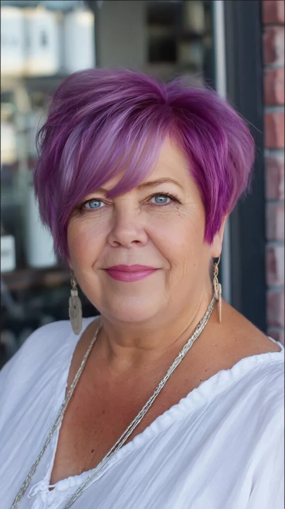 Vibrant Lavender Stacked Pixie with Long Side-Swept Fringe
