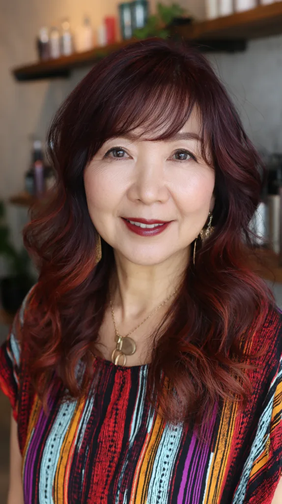 Vibrant Layered Red Waves with Soft Bangs
