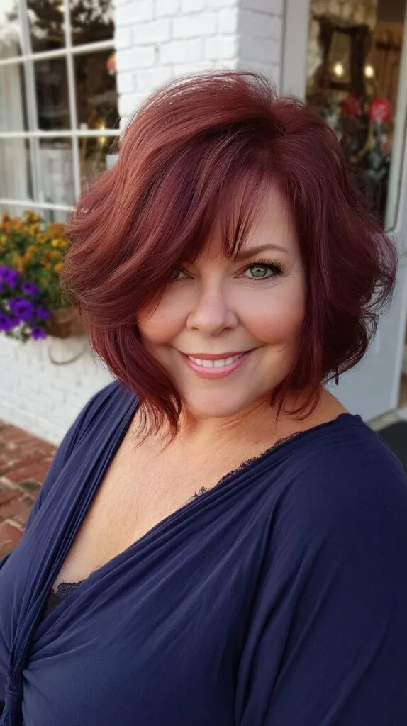 Voluminous Burgundy Rounded Bob with Wispy Long Bangs