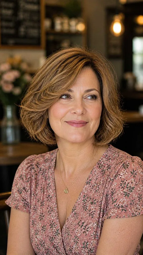 Voluminous chin-length caramel brown bob