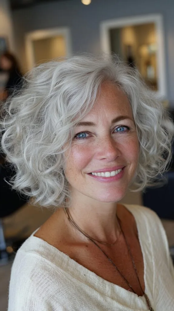 Voluminous Curly Silver Bob with Face-Framing Layers