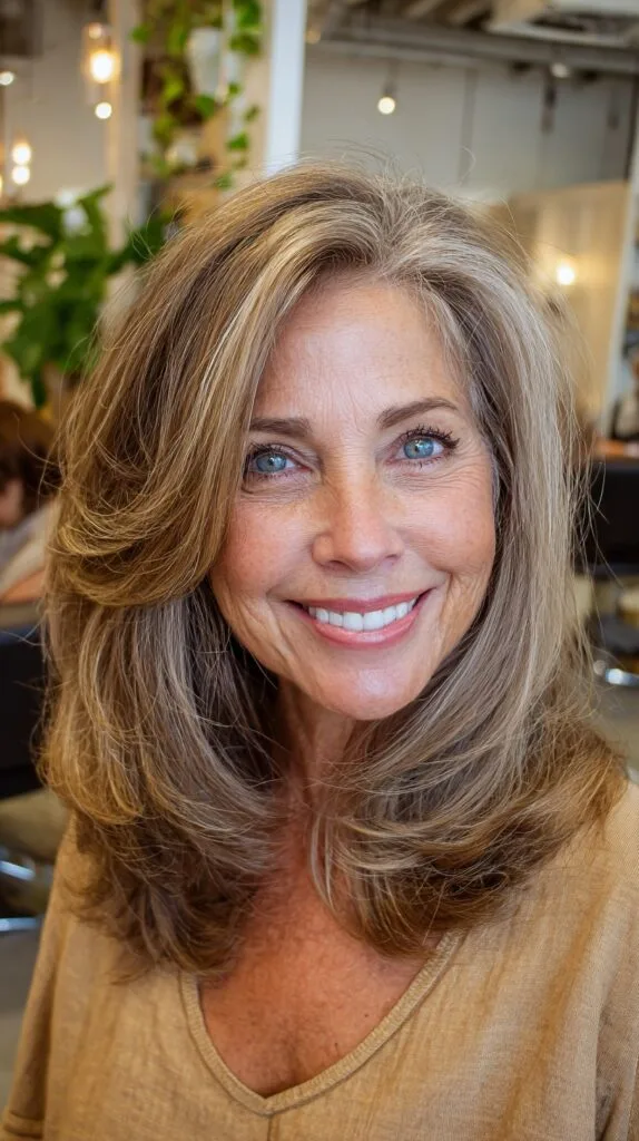 Voluminous Feathered Shoulder-Length Cut with Natural Gray Blend