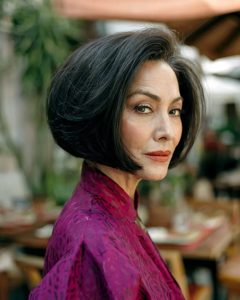 Volumized slanted bob with angled back for older women with sleek thick hair