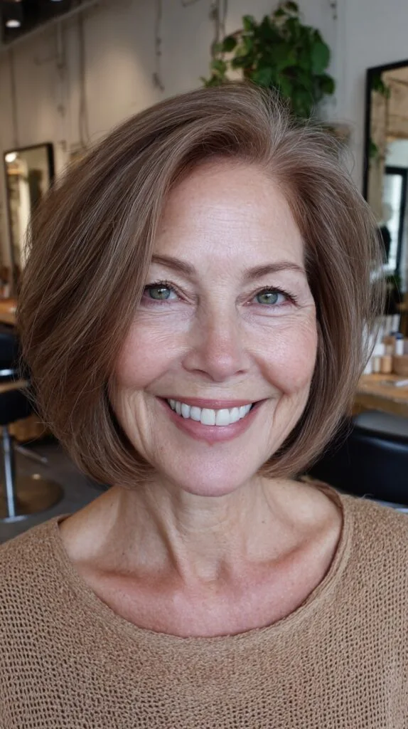 Warm Ash-Brown Chin-Length Rounded Bob with Root Lift