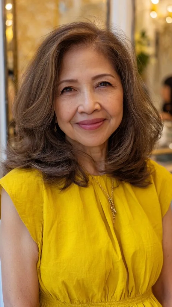 Warm Ash-Brown Layered Shoulder-Length Blowout