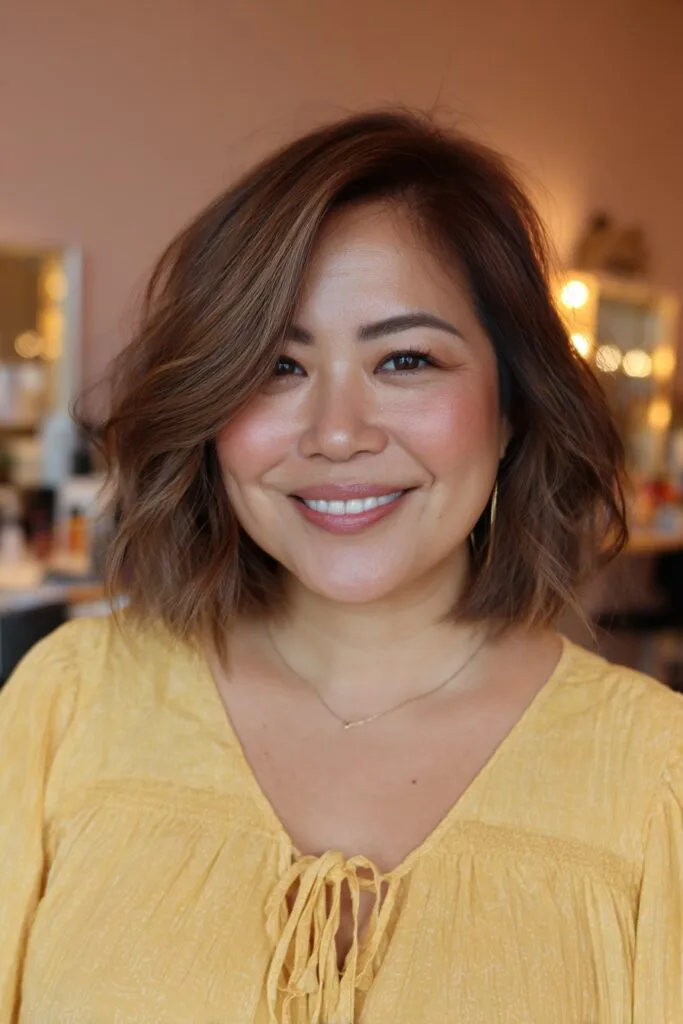 Warm Ashy Brown Textured Bob with Soft Waves