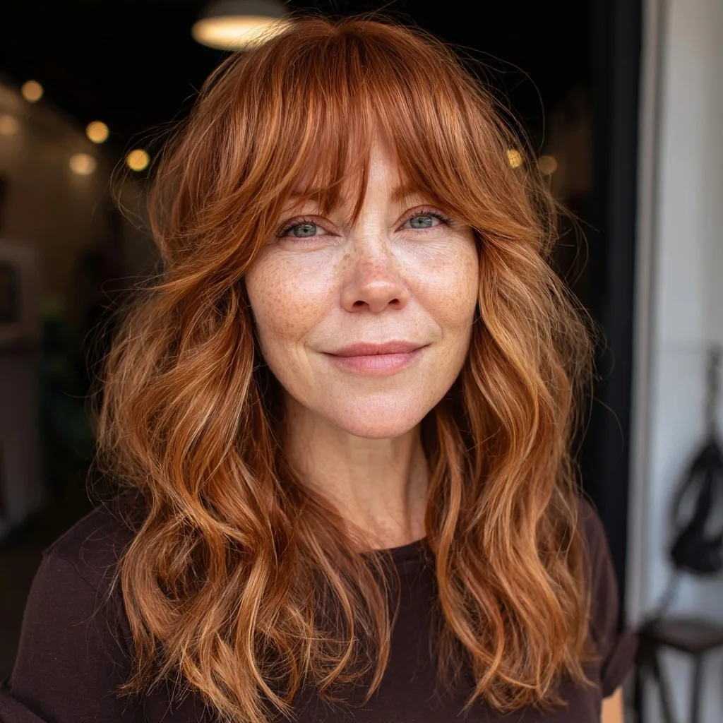 Warm Auburn Choppy Layers with Soft Bangs