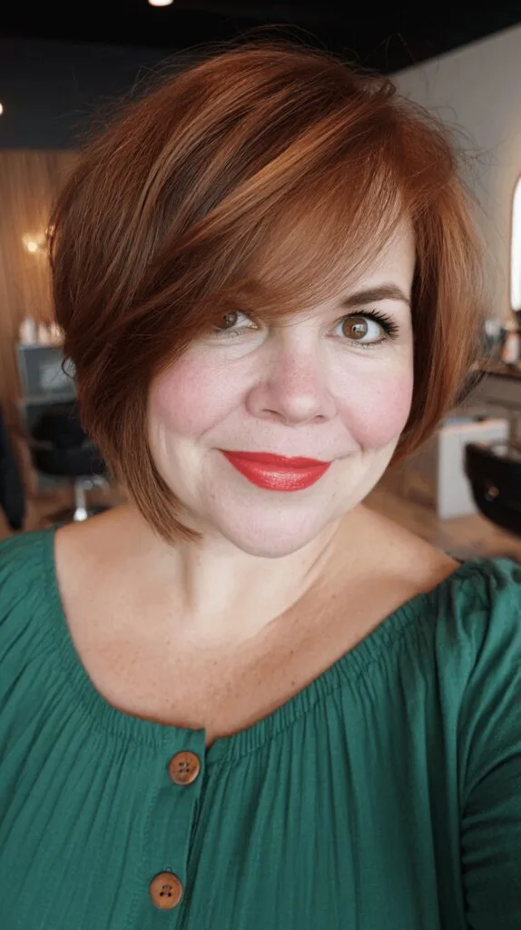 Warm Auburn Stacked Bob with Soft Bangs