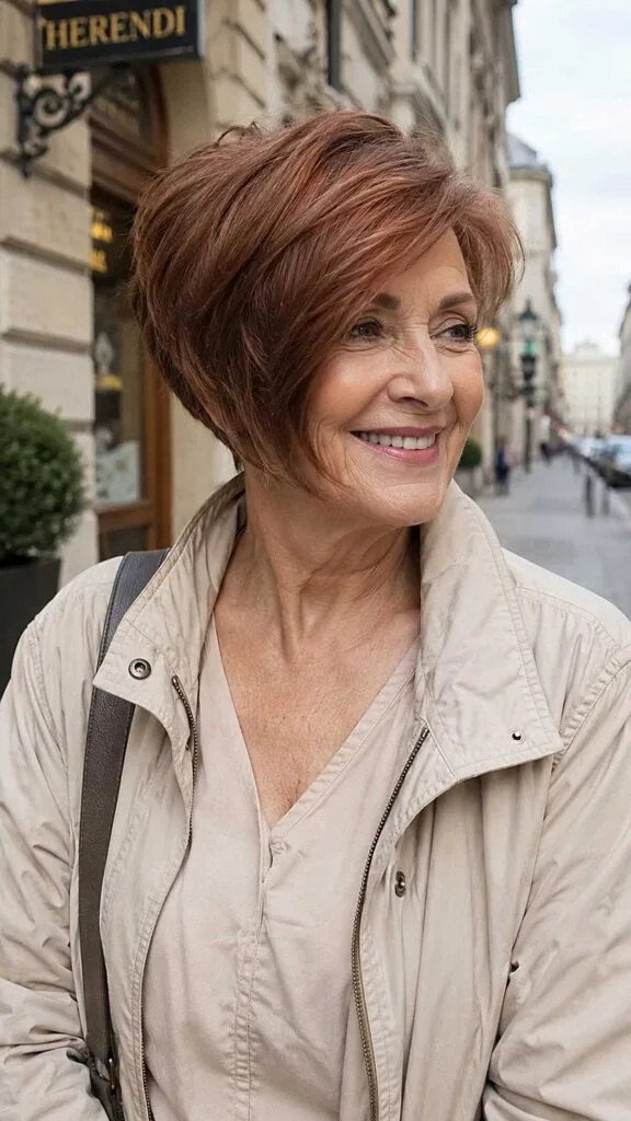 Warm Auburn Wedge Bob with Swept Volume