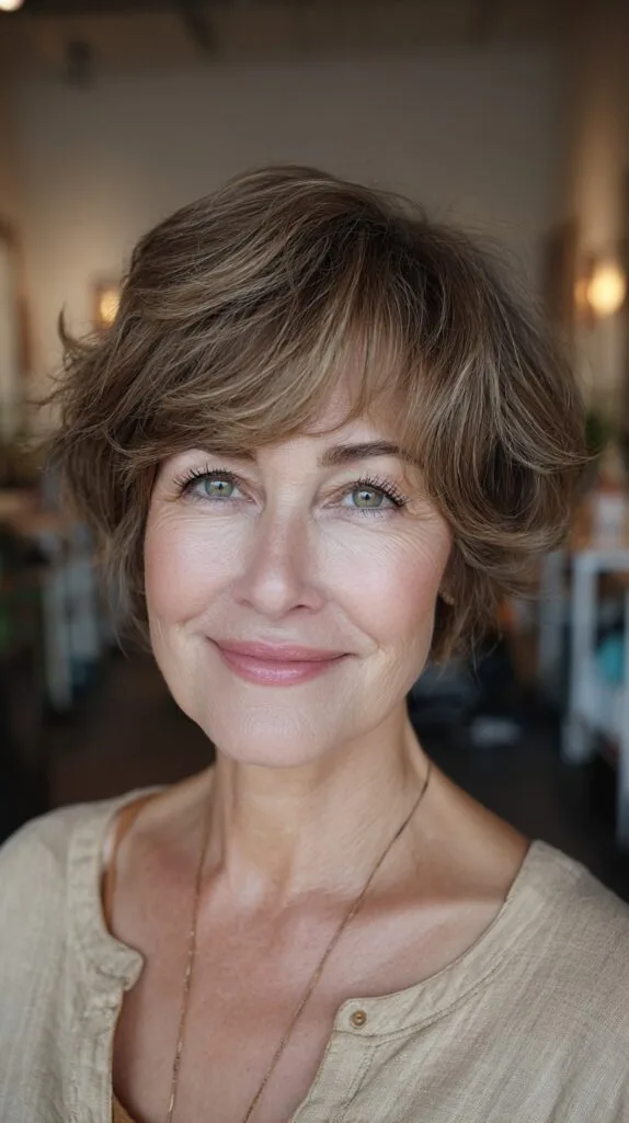 Warm Bronde Wispy Short Shag with Side-Swept Fringe