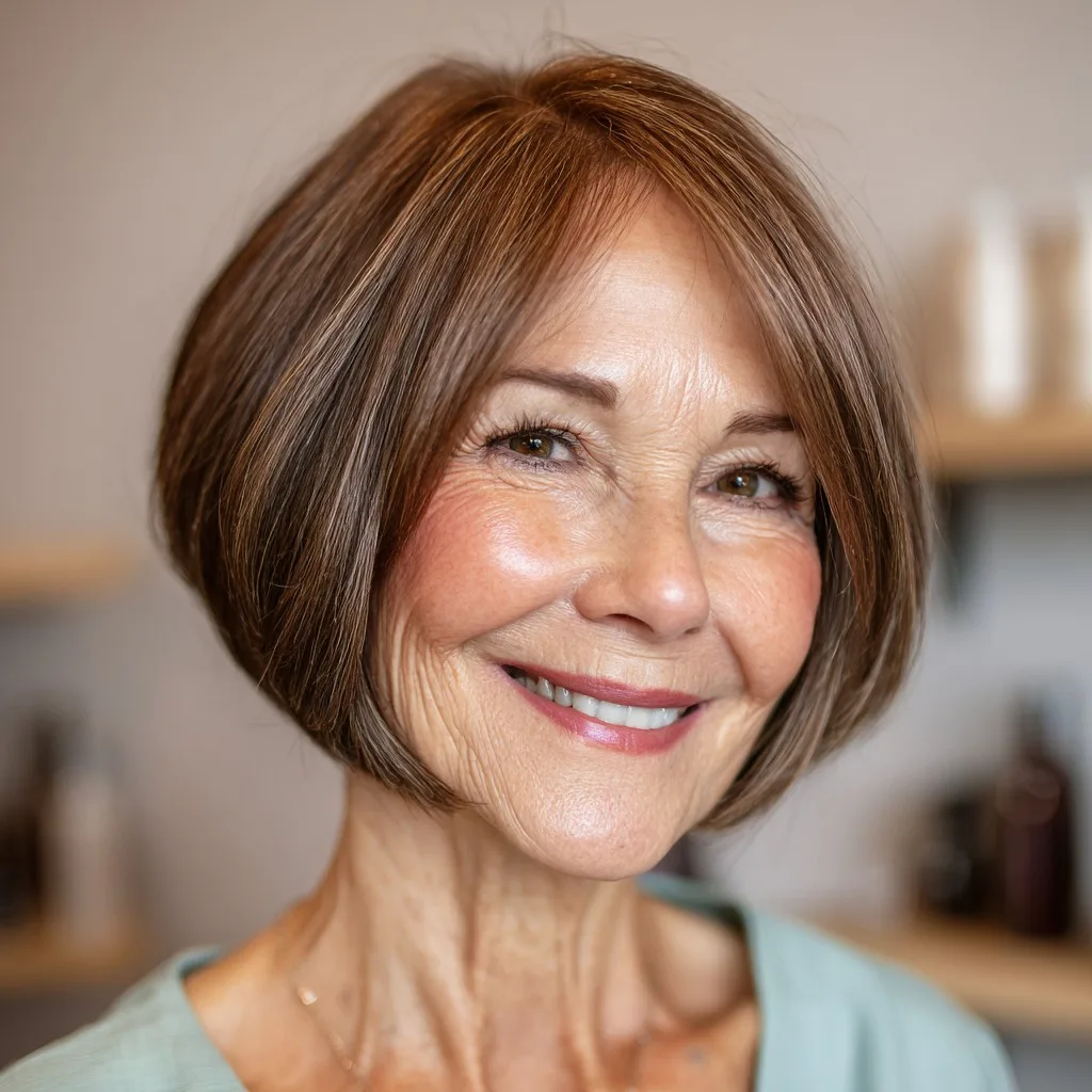 Warm Brown Angled Bob with Subtle Highlights