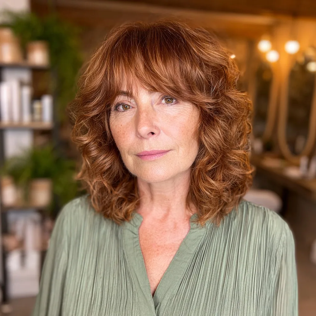 Warm Brown Curly Layers with Soft Bangs