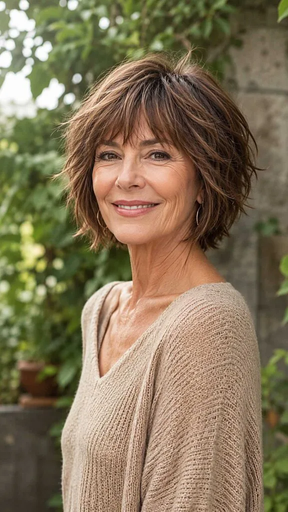 Warm Brunette Chin-Length Shag with Razored Fringe and Piecey Ends