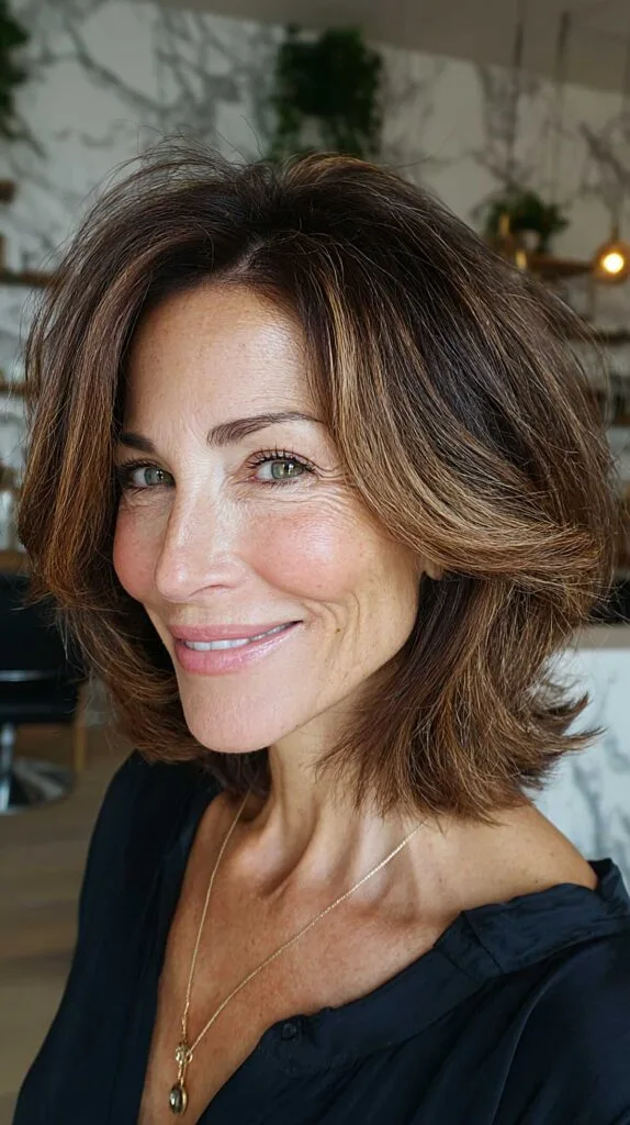 Warm brunette layered bob with flipped-out ends