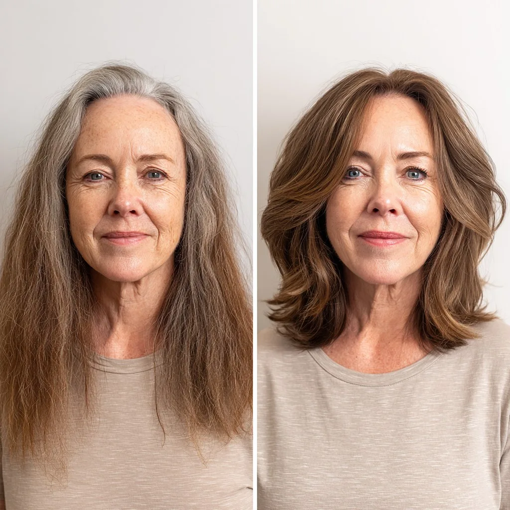 Warm Brunette Medium Layered Cut with Feathered Curtain and Crown Elevation