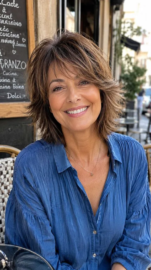 Warm Brunette Razored Shag with Flipped Ends and Curtain Fringe