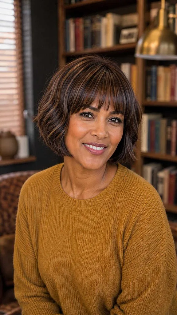 Warm Brunette Shaggy Bob with Razored Fringe