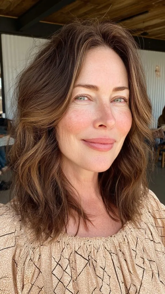 Warm Brunette Shoulder-Grazing Layers with Subtle Root Smudge