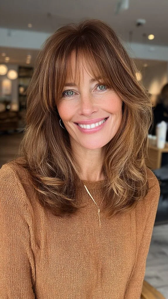 Warm Caramel Curtain Bangs with Rounded Blowout Layers