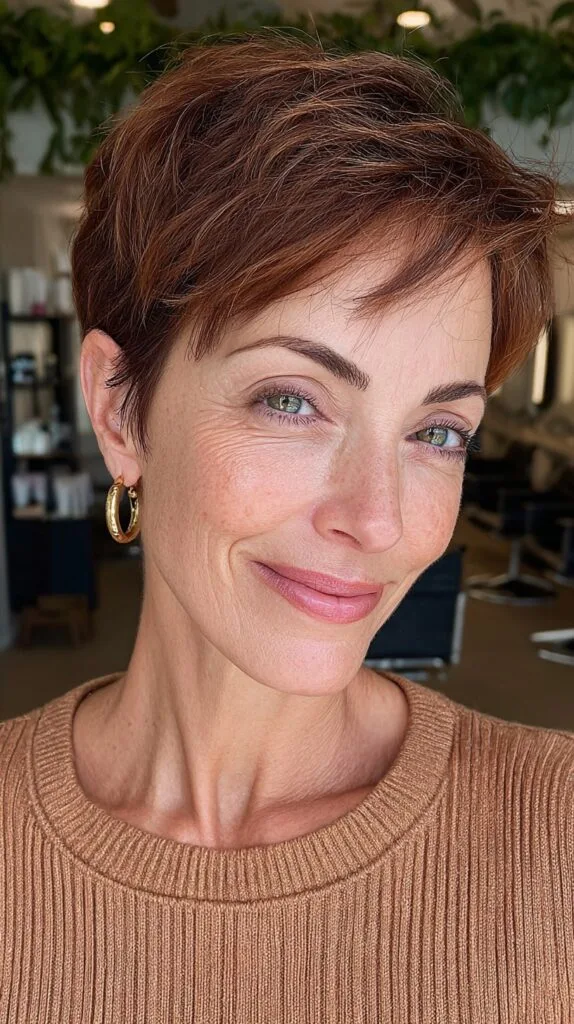 Warm Chestnut Micro-Pixie with Tapered Nape and Soft Fringe